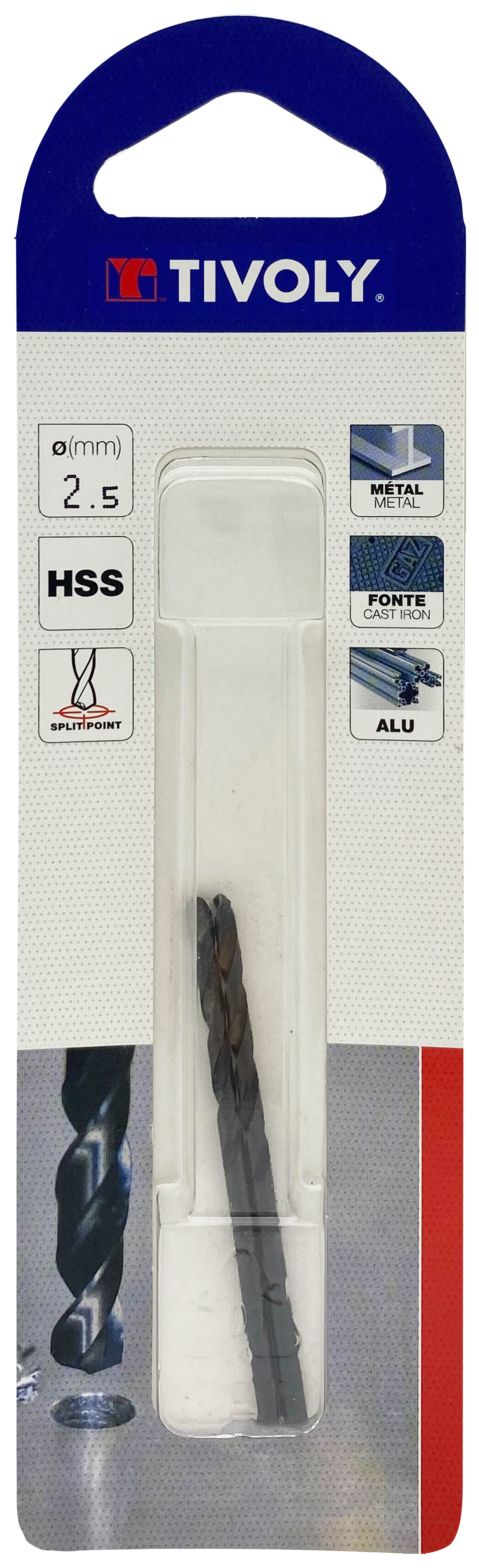 Foret métaux taillé meulé HSS -Revêtu STEAM -DIN338 -h8 -Pointe en croix Ø: 2.5 L: 57 TIVOLY - 11436720250