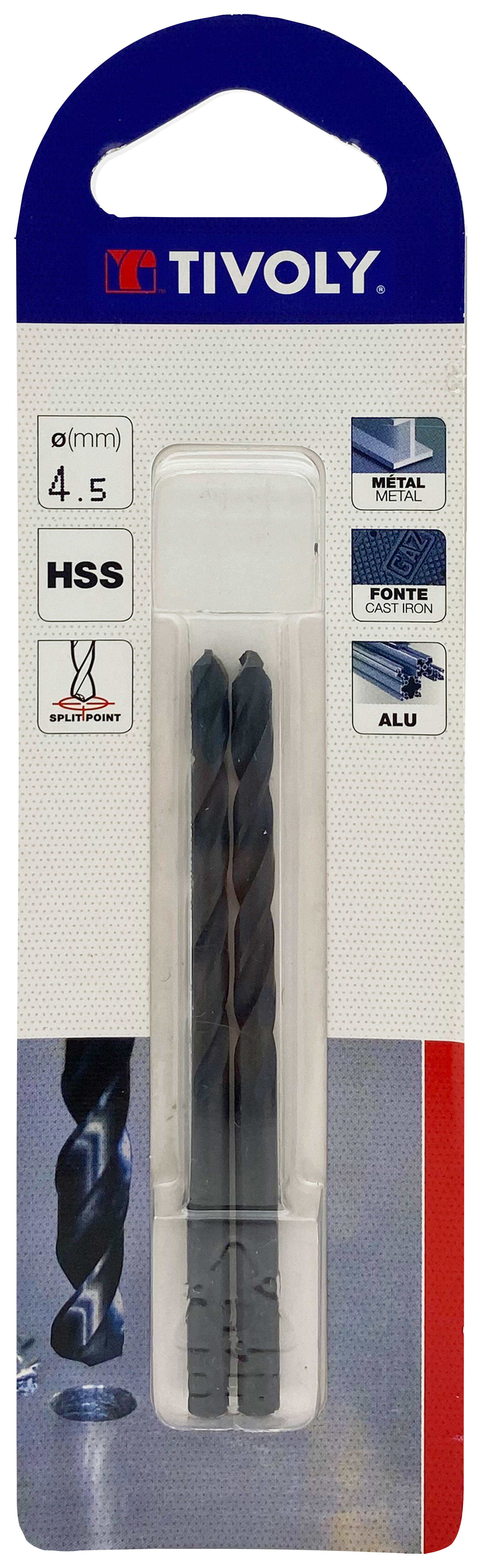 Foret métaux taillé meulé HSS -Revêtu STEAM -DIN338 -h8 -Pointe en croix Ø: 4.5 L: 80 TIVOLY - 11436720450