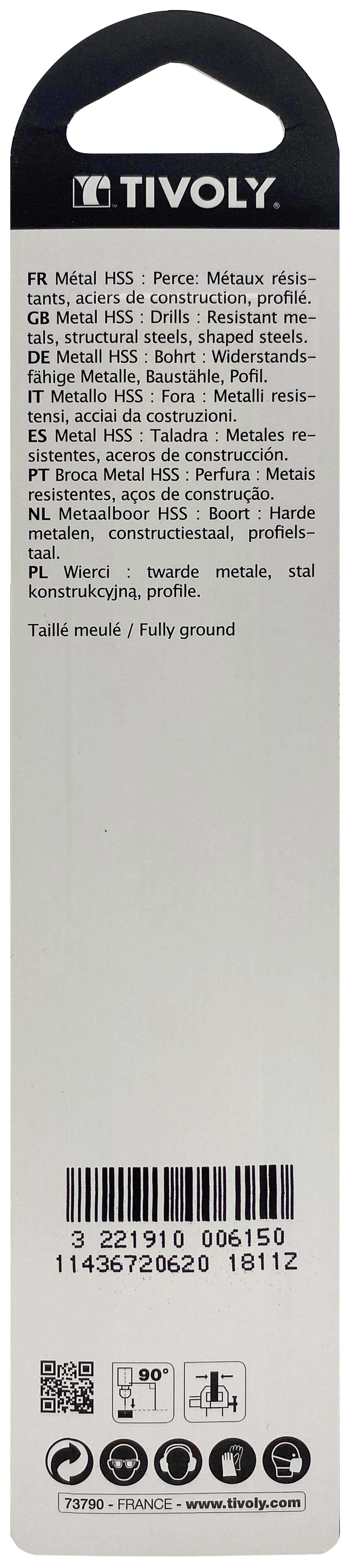 Foret métaux taillé meulé HSS -Revêtu STEAM -DIN338 -h8 -Pointe en croix Ø: 6.2 L: 101 TIVOLY - 11436720620