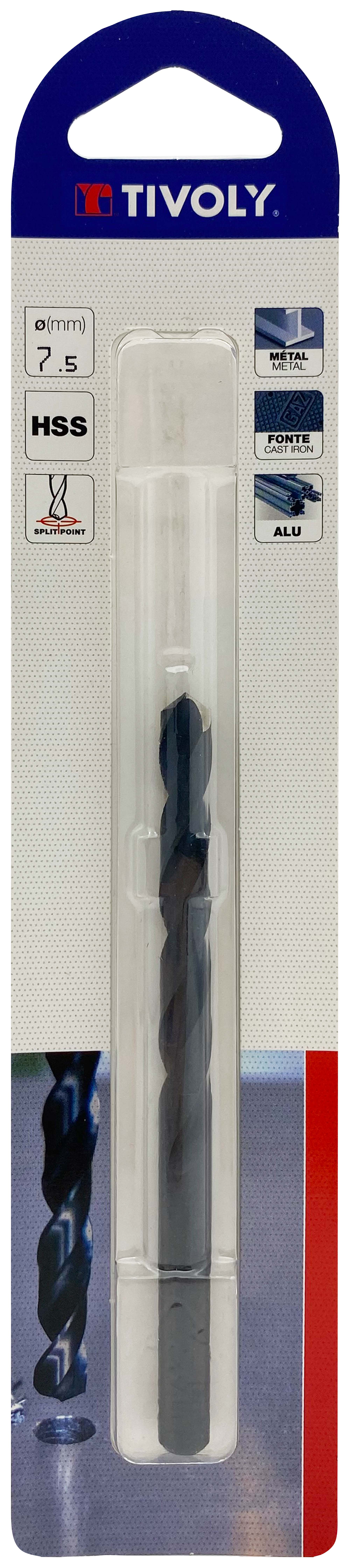 Foret métaux taillé meulé HSS -Revêtu STEAM -DIN338 -h8 -Pointe en croix Ø: 7.5 L: 109 TIVOLY - 11436720750