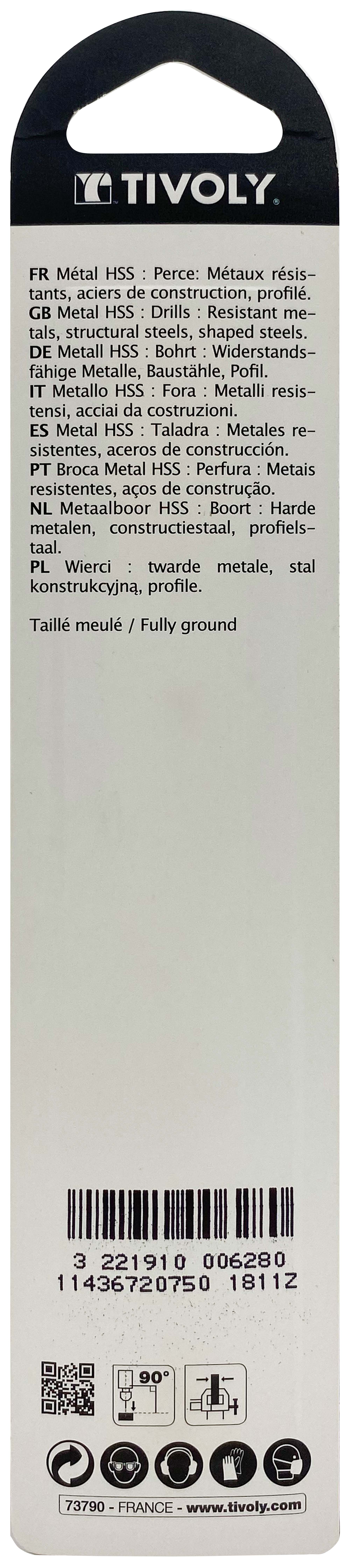 Foret métaux taillé meulé HSS -Revêtu STEAM -DIN338 -h8 -Pointe en croix Ø: 7.5 L: 109 TIVOLY - 11436720750