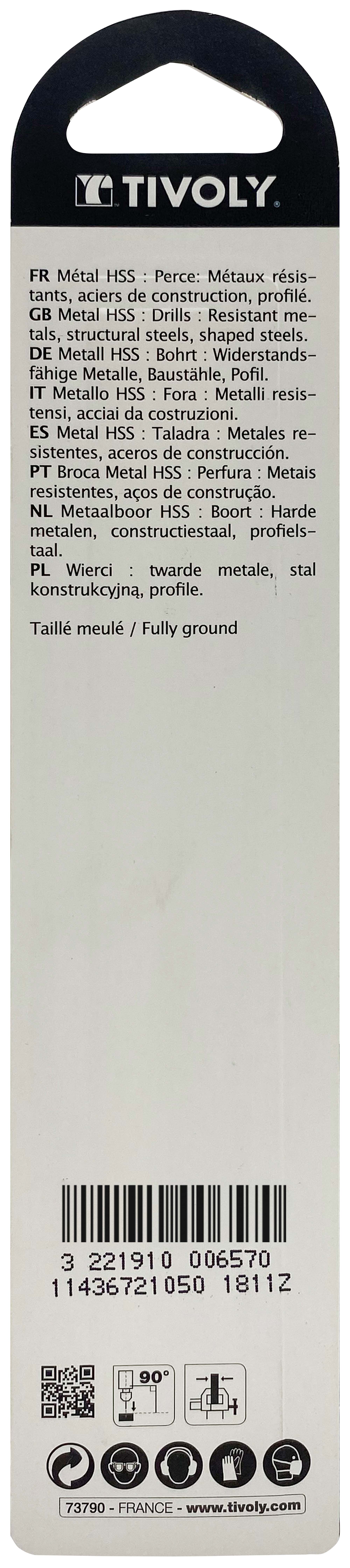 Foret métaux taillé meulé HSS -Revêtu STEAM -DIN338 -h8 -Pointe en croix Ø: 10.5 L: 133 TIVOLY - 11436721050