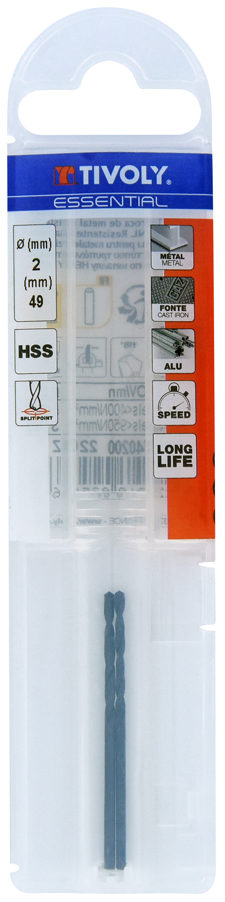 Foret métaux taillé meulé HSS -Revêtu STEAM -DIN338 -h8 -Pointe en croix Ø: 2 L: 49 TIVOLY - 11436740200