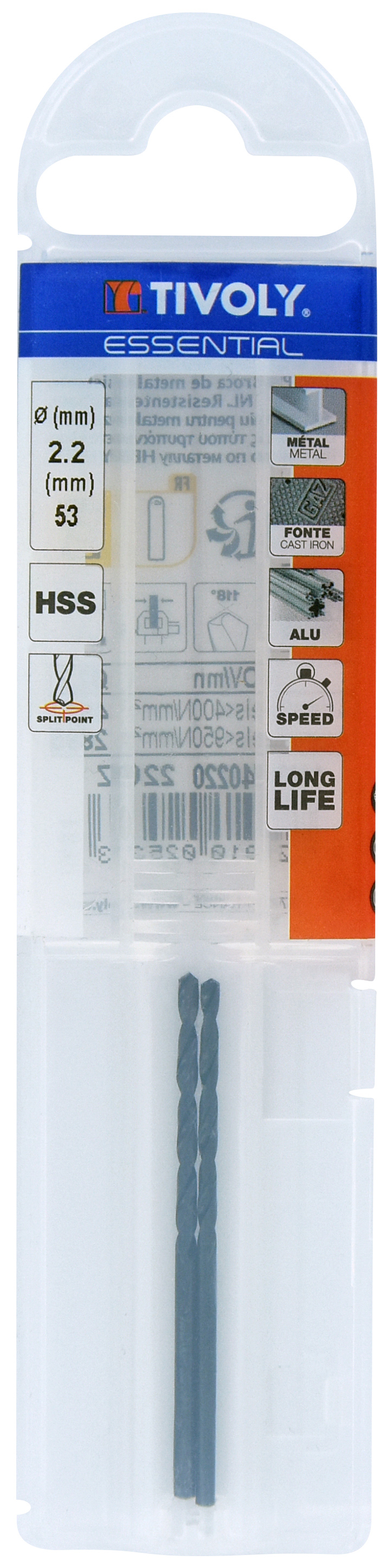 Foret métaux taillé meulé HSS -Revêtu STEAM -DIN338 -h8 -Pointe en croix Ø: 2.2 L: 53 TIVOLY - 11436740220