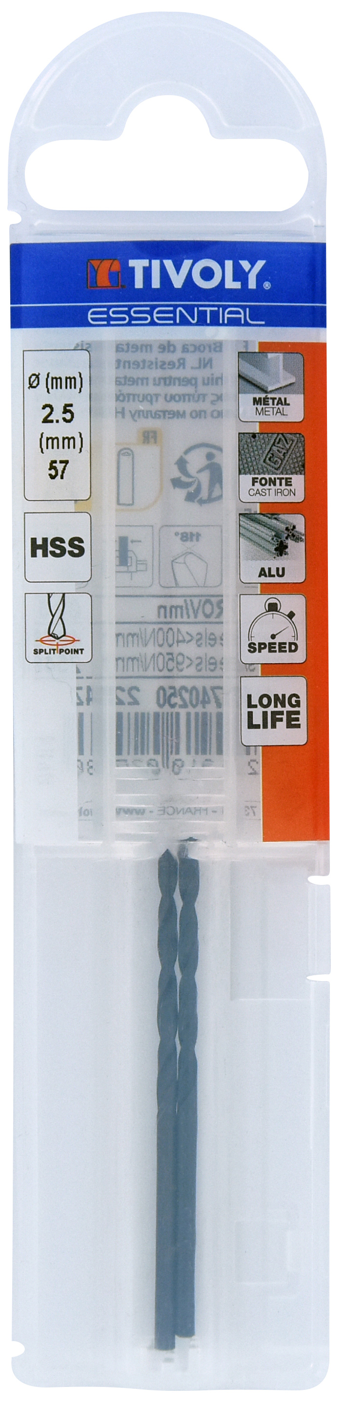 Foret métaux taillé meulé HSS -Revêtu STEAM -DIN338 -h8 -Pointe en croix Ø: 2.5 L: 57 TIVOLY - 11436740250