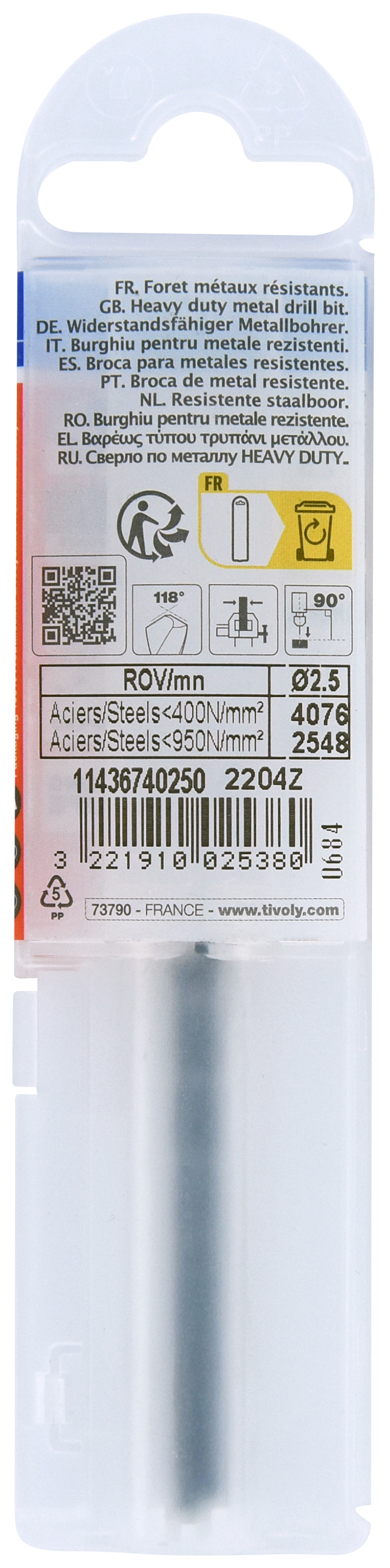 Foret métaux taillé meulé HSS -Revêtu STEAM -DIN338 -h8 -Pointe en croix Ø: 2.5 L: 57 TIVOLY - 11436740250