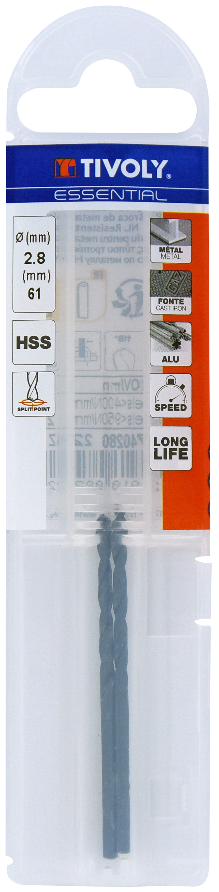Foret métaux taillé meulé HSS -Revêtu STEAM -DIN338 -h8 -Pointe en croix Ø: 2.8 L: 61 TIVOLY - 11436740280