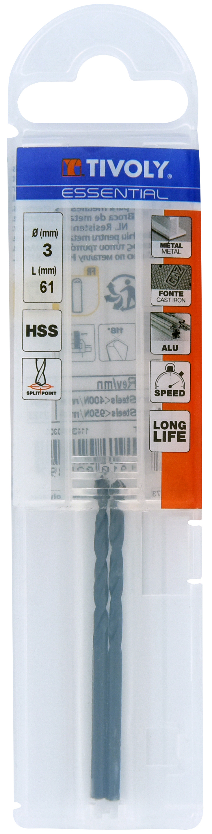 Foret métaux taillé meulé HSS -Revêtu STEAM -DIN338 -h8 -Pointe en croix Ø: 3 L: 61 TIVOLY - 11436740300