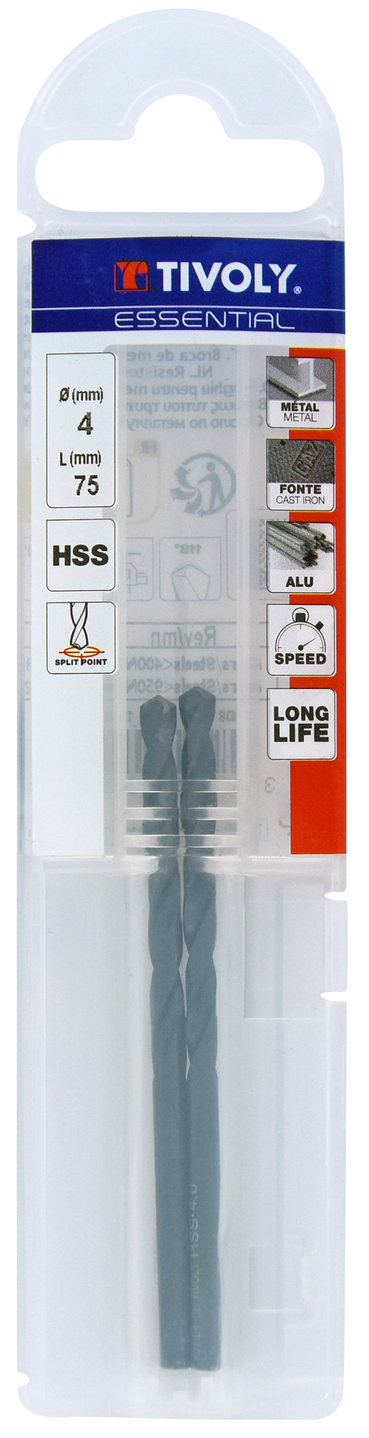 Foret métaux taillé meulé HSS -Revêtu STEAM -DIN338 -h8 -Pointe en croix Ø: 4 L: 75 TIVOLY - 11436740400