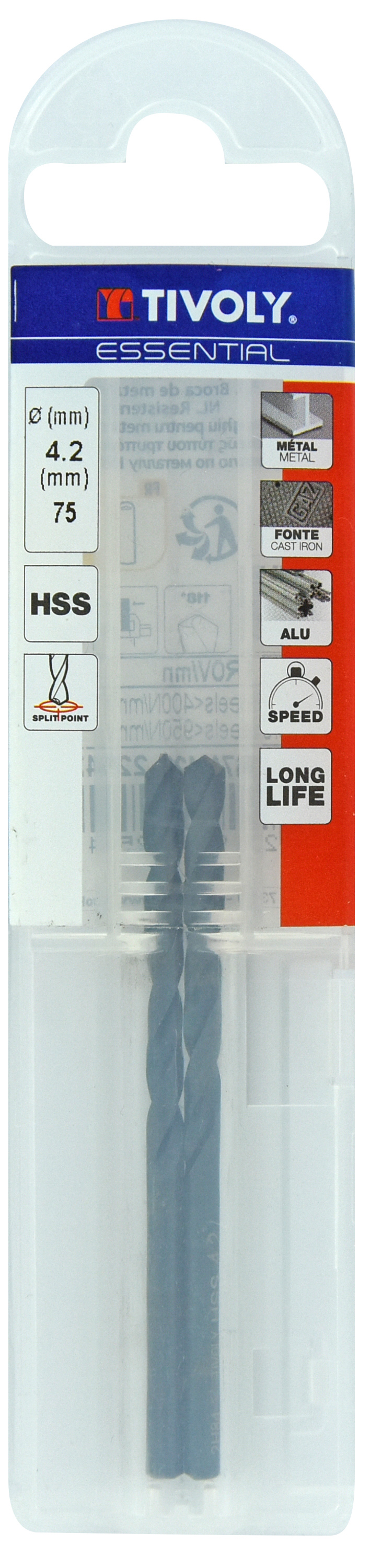 Foret métaux taillé meulé HSS -Revêtu STEAM -DIN338 -h8 -Pointe en croix Ø: 4.2 L: 75 TIVOLY - 11436740420