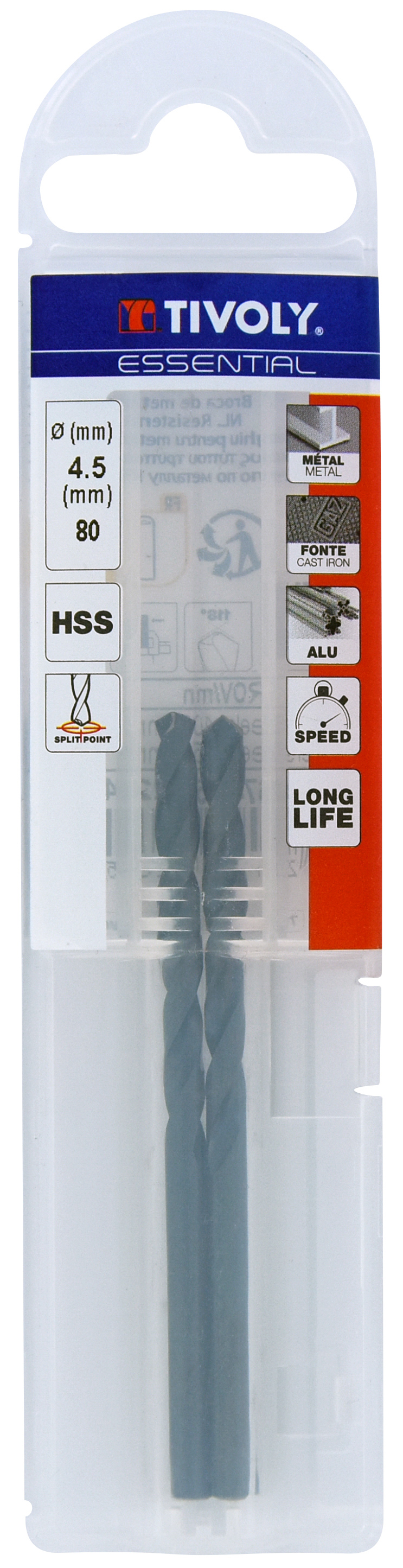 Foret métaux taillé meulé HSS -Revêtu STEAM -DIN338 -h8 -Pointe en croix Ø: 4.5 L: 80 TIVOLY - 11436740450