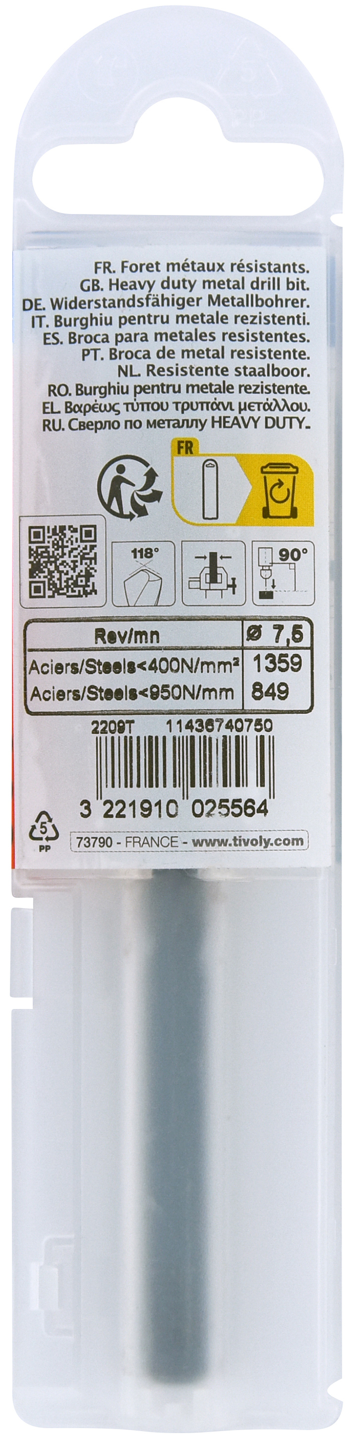 Foret métaux taillé meulé HSS -Revêtu STEAM -DIN338 -h8 -Pointe en croix Ø: 7.5 L: 109 TIVOLY - 11436740750