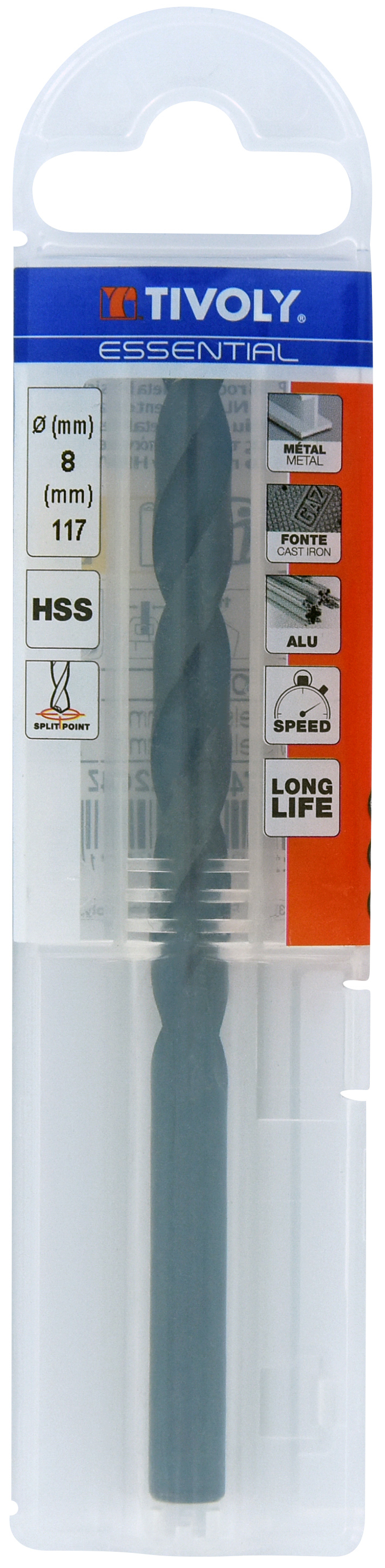 Foret métaux taillé meulé HSS -Revêtu STEAM -DIN338 -h8 -Pointe en croix Ø: 8 L: 117 TIVOLY - 11436740800