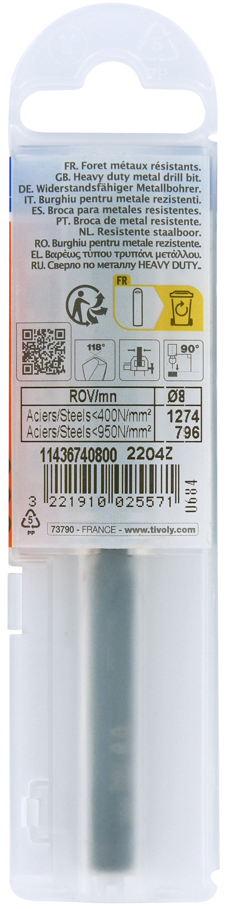 Foret métaux taillé meulé HSS -Revêtu STEAM -DIN338 -h8 -Pointe en croix Ø: 8 L: 117 TIVOLY - 11436740800