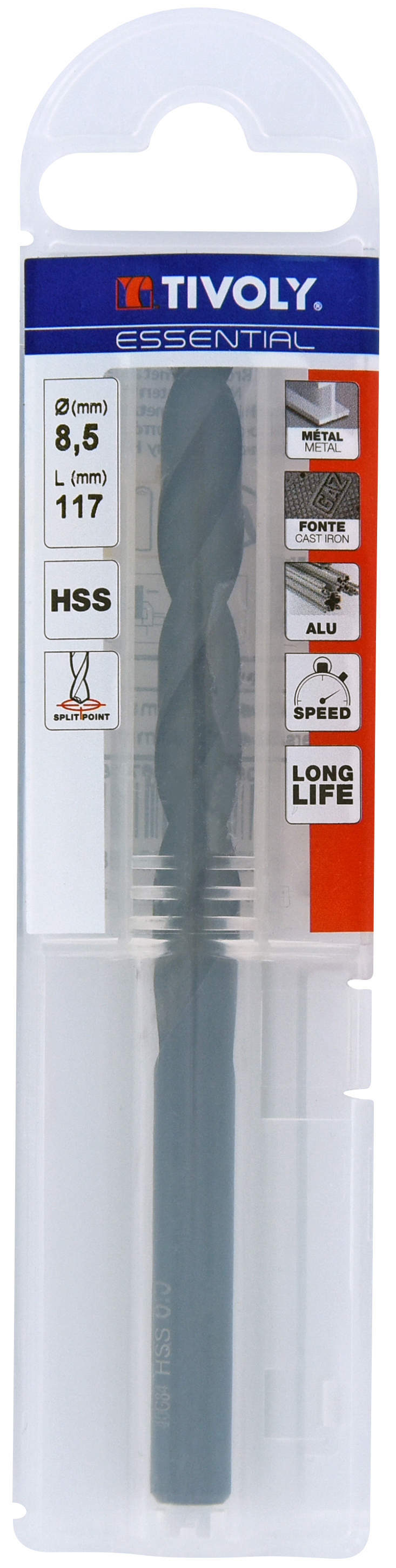 Foret métaux taillé meulé HSS -Revêtu STEAM -DIN338 -h8 -Pointe en croix Ø: 8.5 L: 117 TIVOLY - 11436740850