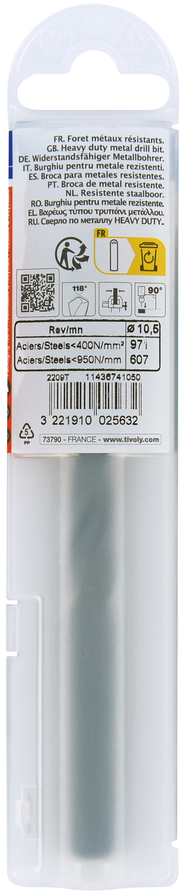 Foret métaux taillé meulé HSS -Revêtu STEAM -DIN338 -h8 -Pointe en croix Ø: 10.5 L: 133 TIVOLY - 11436741050