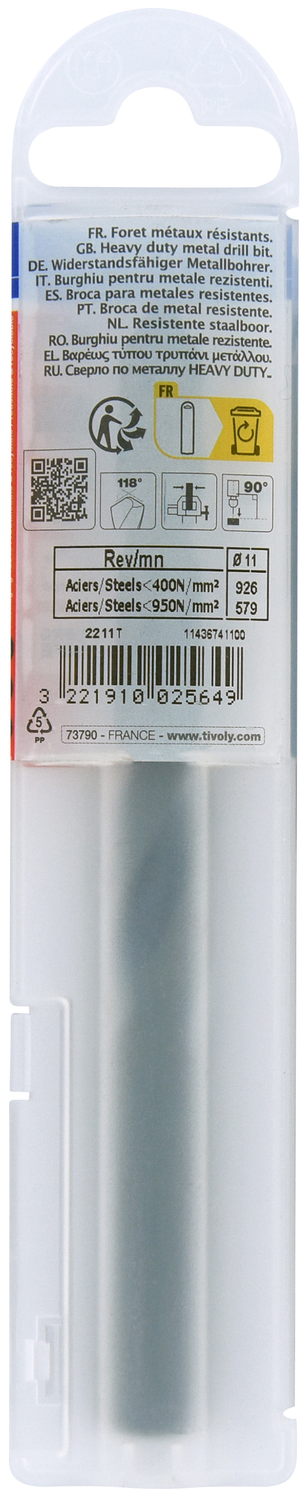 Foret métaux taillé meulé HSS -Revêtu STEAM -DIN338 -h8 -Pointe en croix Ø: 11 L: 142 TIVOLY - 11436741100