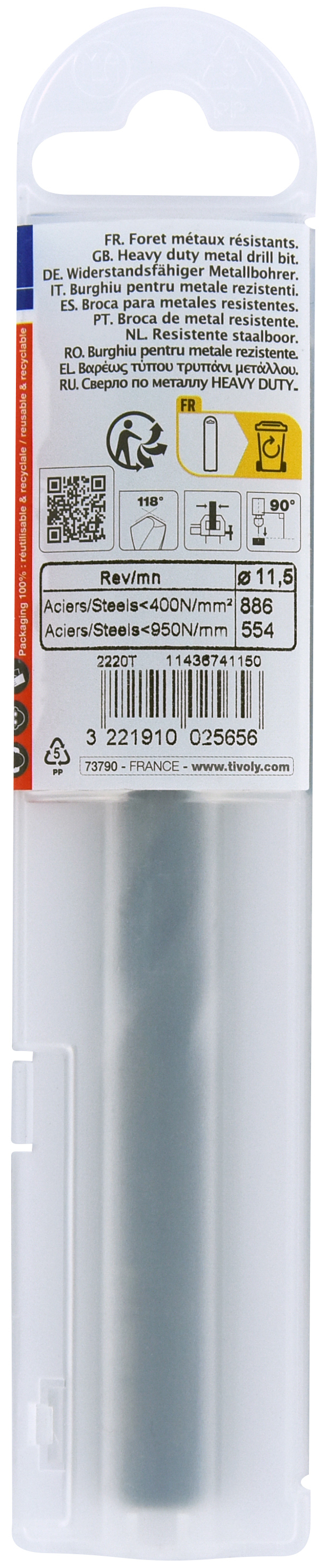 Foret métaux taillé meulé HSS -Revêtu STEAM -DIN338 -h8 -Pointe en croix Ø: 11.5 L: 142 TIVOLY - 11436741150