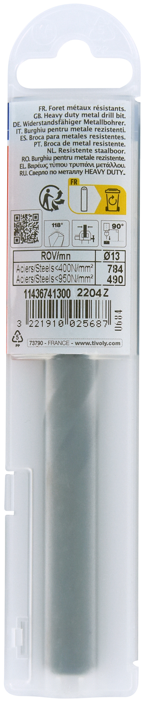 Foret métaux taillé meulé HSS -Revêtu STEAM -DIN338 -h8 -Pointe en croix Ø: 13 L: 151 TIVOLY - 11436741300