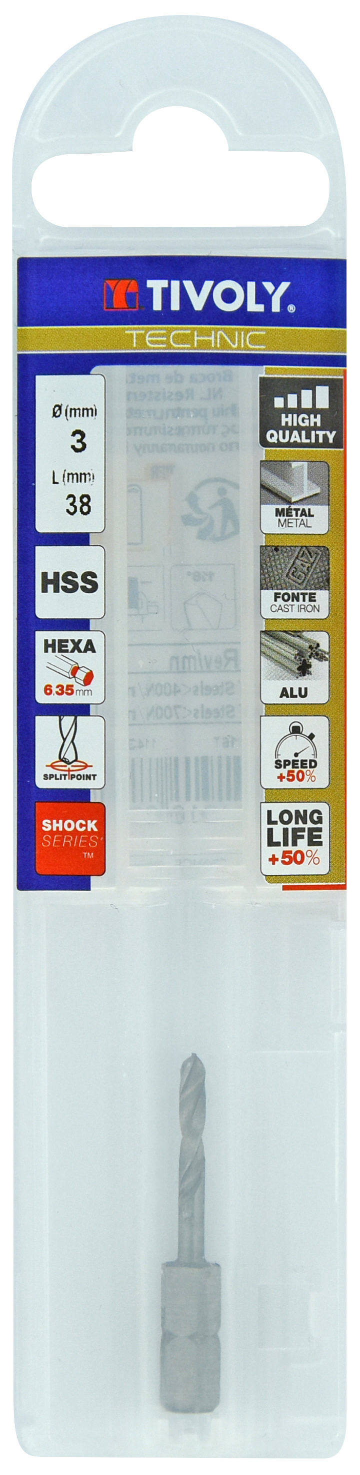 Foret métaux monobloc taillé meulé HSS -Pointe en croix -Queue hexagonale Ø: 3 L: 38 TIVOLY - 11437040300