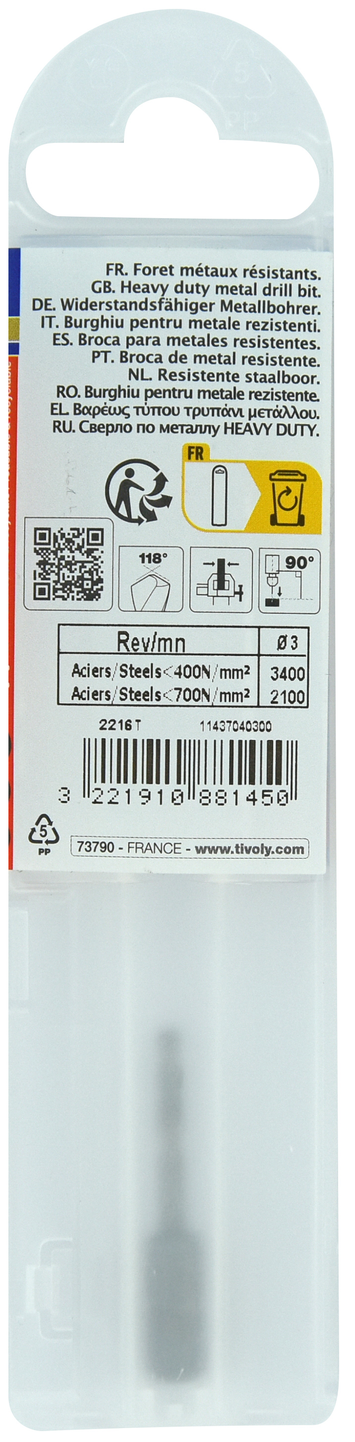 Foret métaux monobloc taillé meulé HSS -Pointe en croix -Queue hexagonale Ø: 3 L: 38 TIVOLY - 11437040300