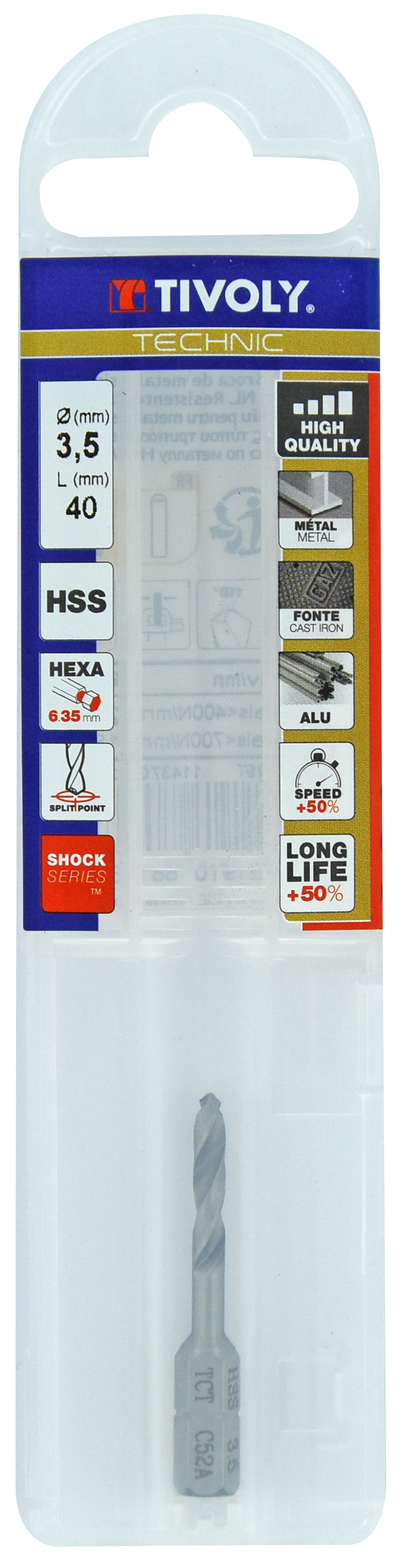 Foret métaux monobloc taillé meulé HSS -Pointe en croix -Queue hexagonale Ø: 3.5 L: 40 TIVOLY - 11437040350