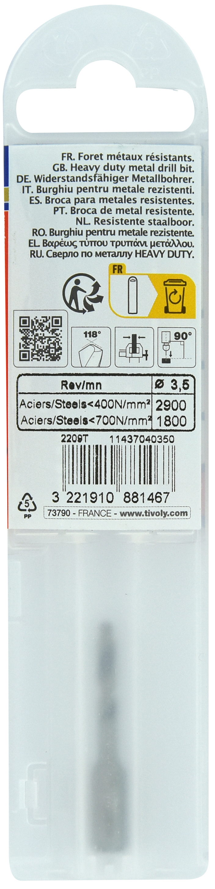 Foret métaux monobloc taillé meulé HSS -Pointe en croix -Queue hexagonale Ø: 3.5 L: 40 TIVOLY - 11437040350