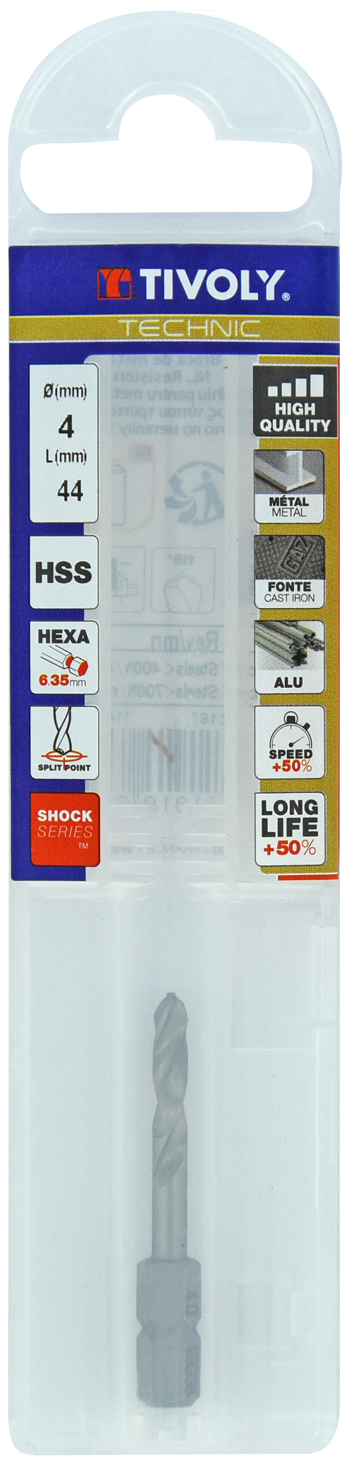 Foret métaux monobloc taillé meulé HSS -Pointe en croix -Queue hexagonale Ø: 4 L: 44 TIVOLY - 11437040400