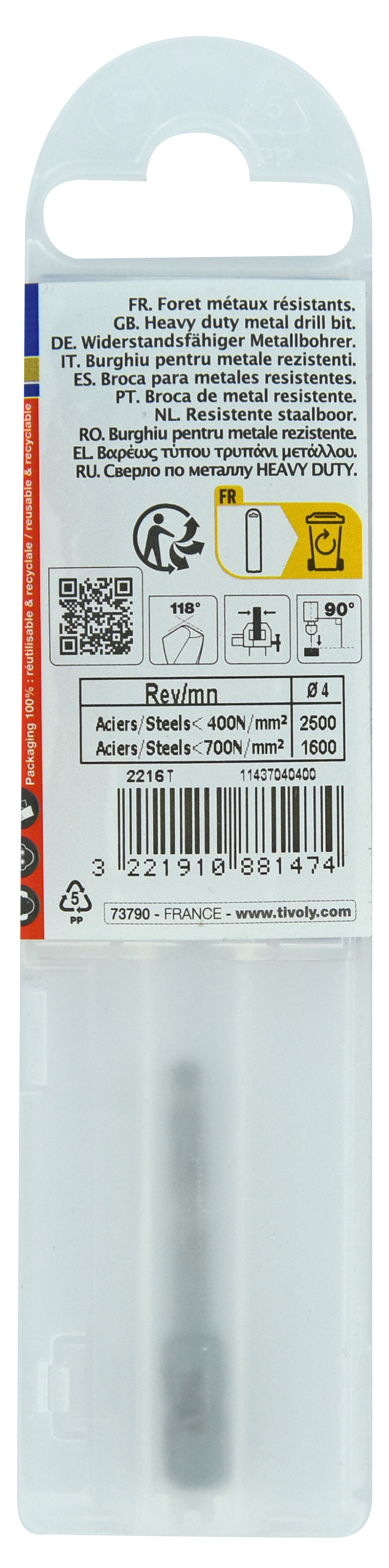 Foret métaux monobloc taillé meulé HSS -Pointe en croix -Queue hexagonale Ø: 4 L: 44 TIVOLY - 11437040400