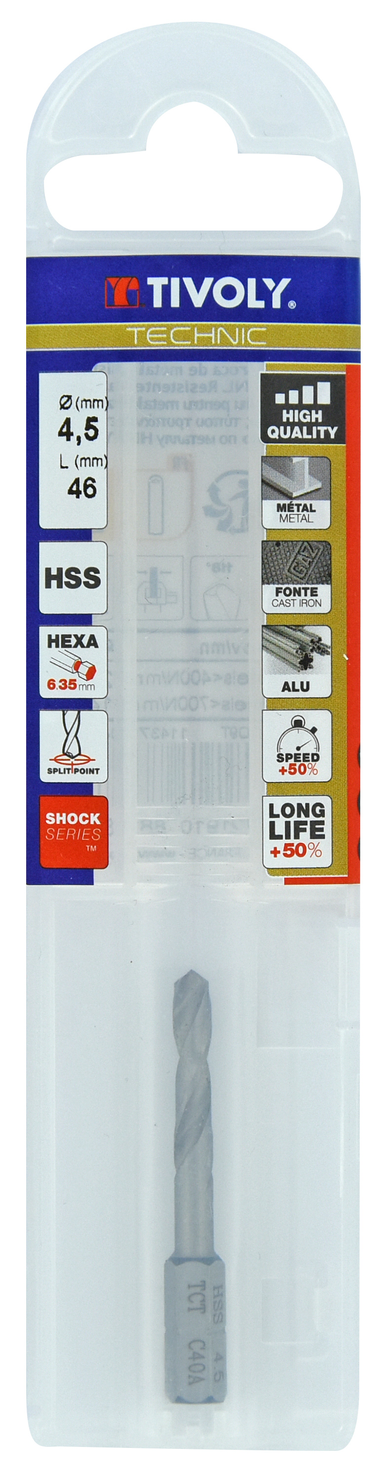 Foret métaux monobloc taillé meulé HSS -Pointe en croix -Queue hexagonale Ø: 4.5 L: 46 TIVOLY - 11437040450