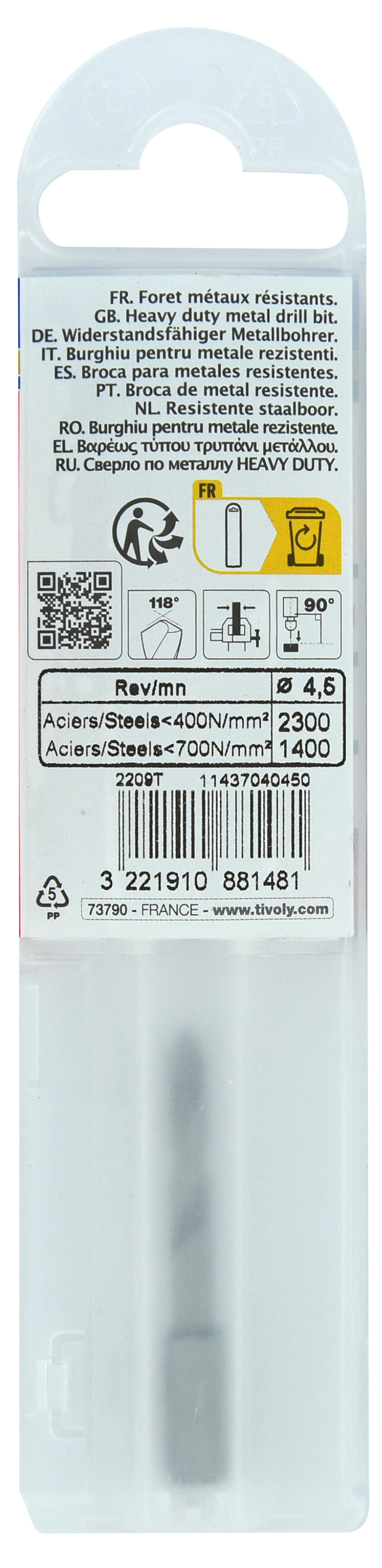 Foret métaux monobloc taillé meulé HSS -Pointe en croix -Queue hexagonale Ø: 4.5 L: 46 TIVOLY - 11437040450