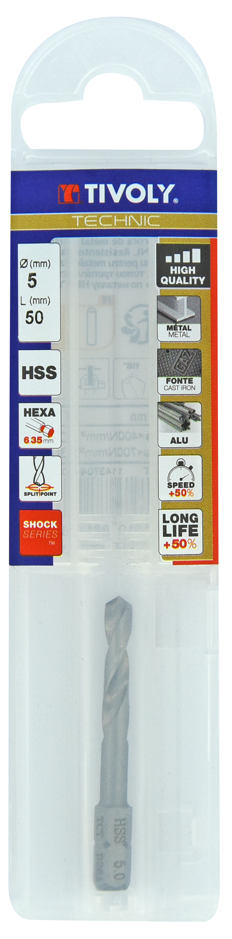 Foret métaux monobloc taillé meulé HSS -Pointe en croix -Queue hexagonale Ø: 5 L: 50 TIVOLY - 11437040500