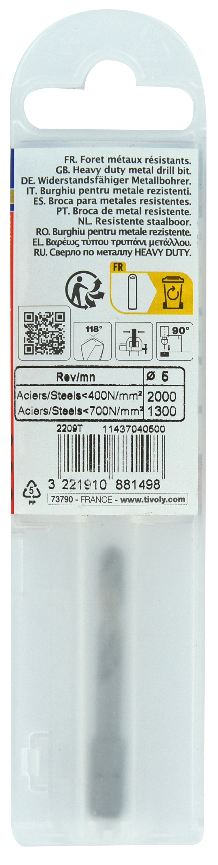 Foret métaux monobloc taillé meulé HSS -Pointe en croix -Queue hexagonale Ø: 5 L: 50 TIVOLY - 11437040500