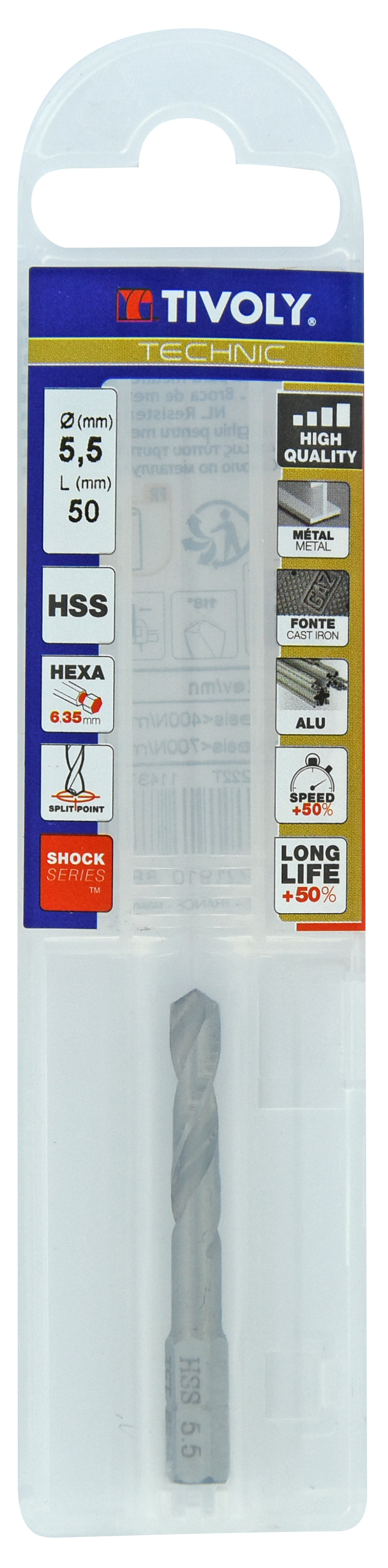 Foret métaux monobloc taillé meulé HSS -Pointe en croix -Queue hexagonale Ø: 5.5 L: 50 TIVOLY - 11437040550