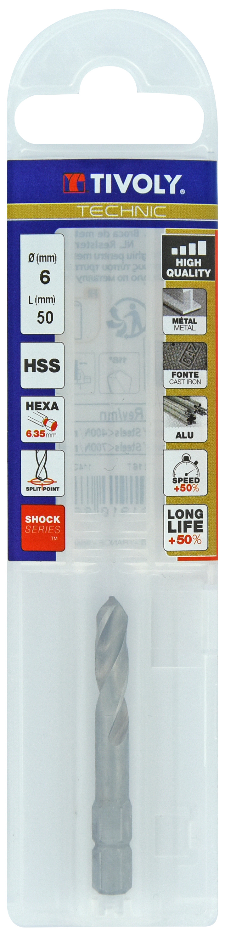 Foret métaux monobloc taillé meulé HSS -Pointe en croix -Queue hexagonale Ø: 6 L: 50 TIVOLY - 11437040600