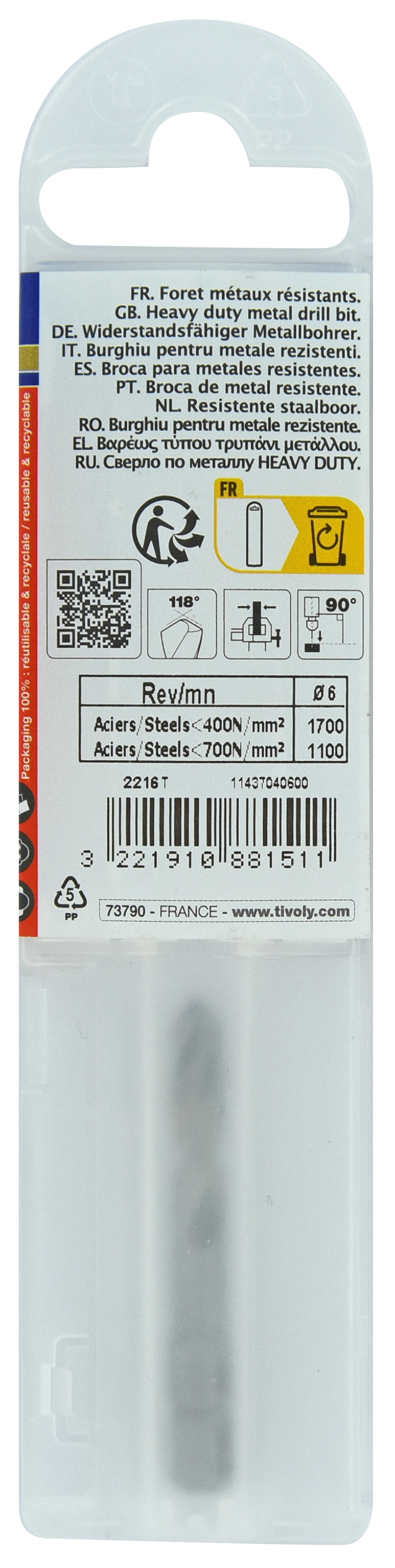 Foret métaux monobloc taillé meulé HSS -Pointe en croix -Queue hexagonale Ø: 6 L: 50 TIVOLY - 11437040600