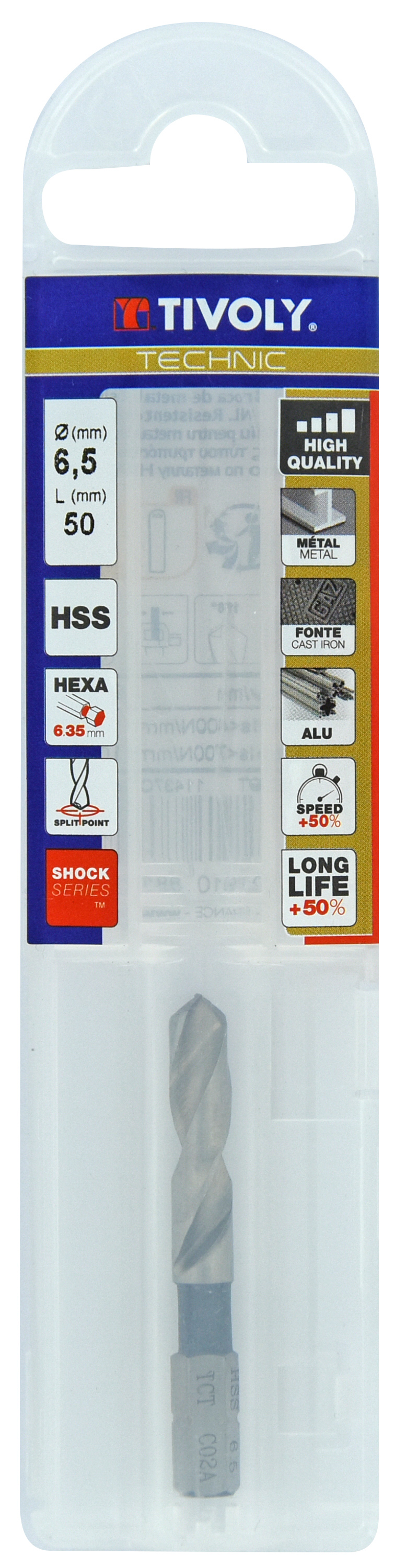 Foret métaux monobloc taillé meulé HSS -Pointe en croix -Queue hexagonale Ø: 6.5 L: 50 TIVOLY - 11437040650