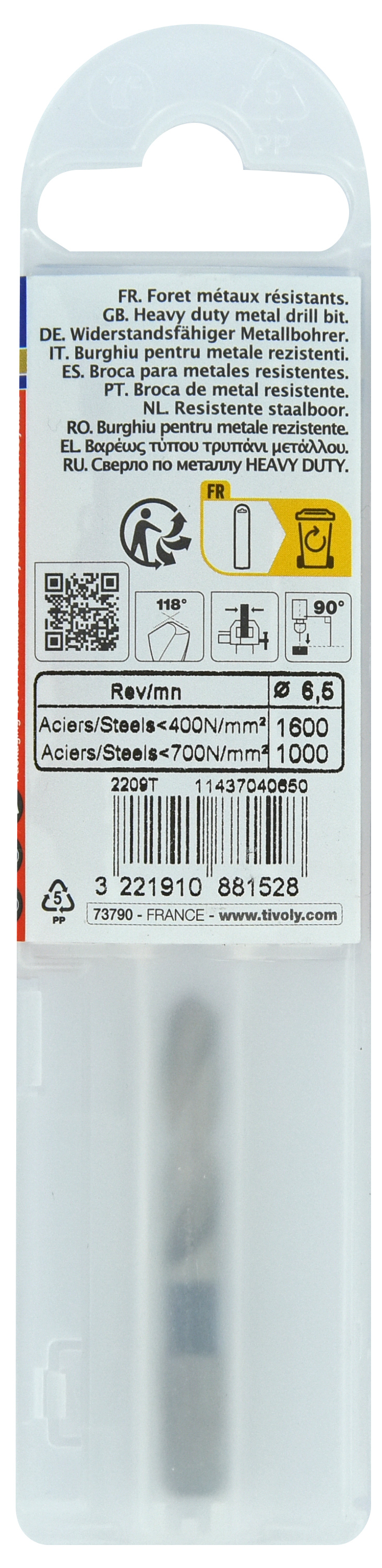 Foret métaux monobloc taillé meulé HSS -Pointe en croix -Queue hexagonale Ø: 6.5 L: 50 TIVOLY - 11437040650