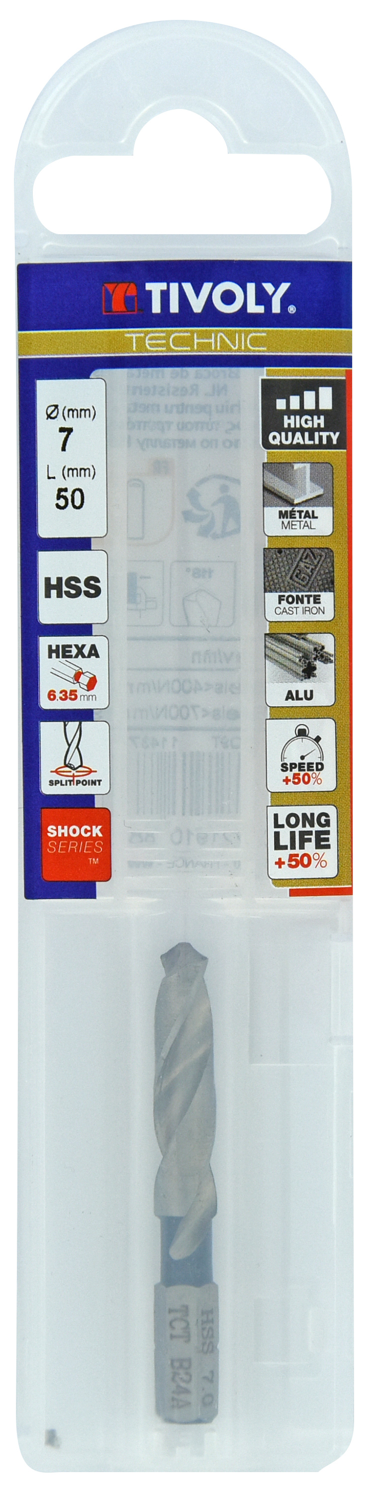 Foret métaux monobloc taillé meulé HSS -Pointe en croix -Queue hexagonale Ø: 7 L: 50 TIVOLY - 11437040700