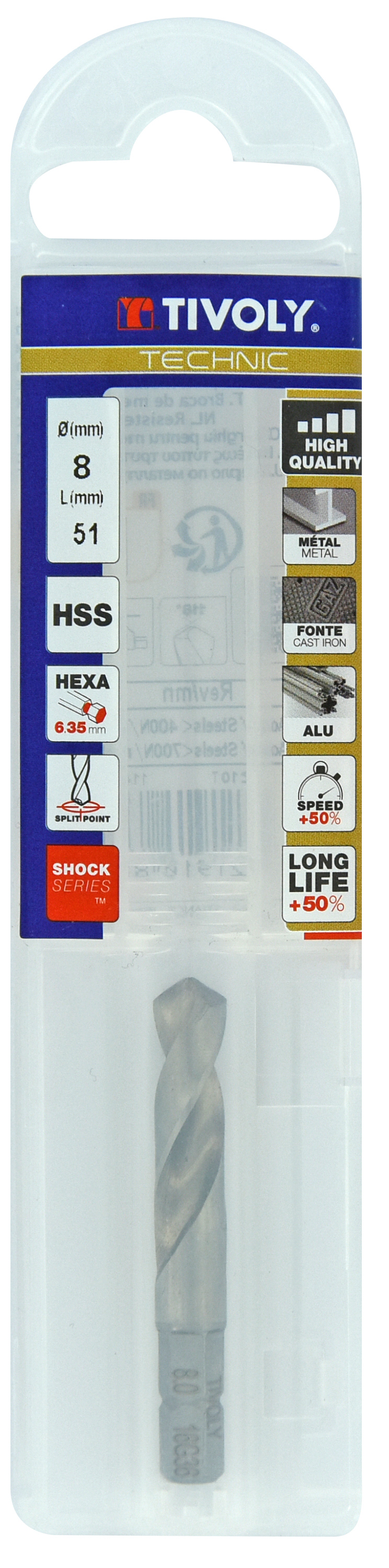 Foret métaux monobloc taillé meulé HSS -Pointe en croix -Queue hexagonale Ø: 8 L: 51 TIVOLY - 11437040800