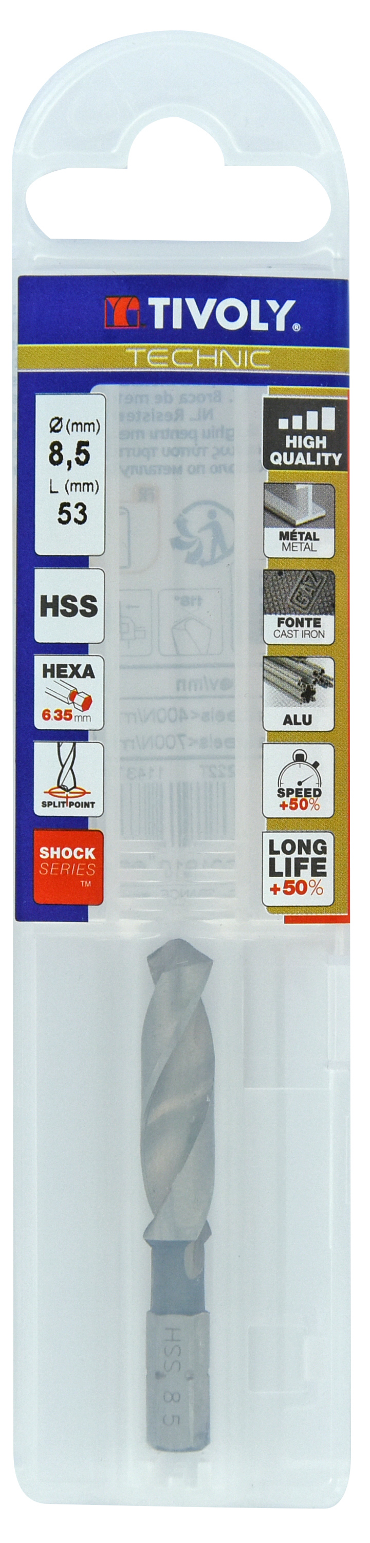 Foret métaux monobloc taillé meulé HSS -Pointe en croix -Queue hexagonale Ø: 8.5 L: 53 TIVOLY - 11437040850