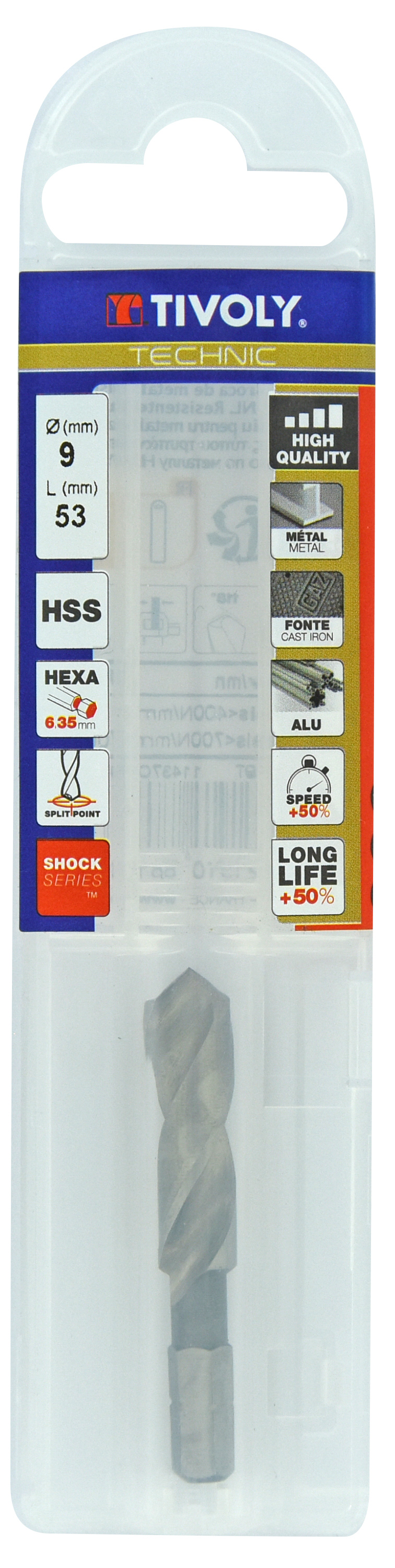 Foret métaux monobloc taillé meulé HSS -Pointe en croix -Queue hexagonale Ø: 9 L: 53 TIVOLY - 11437040900