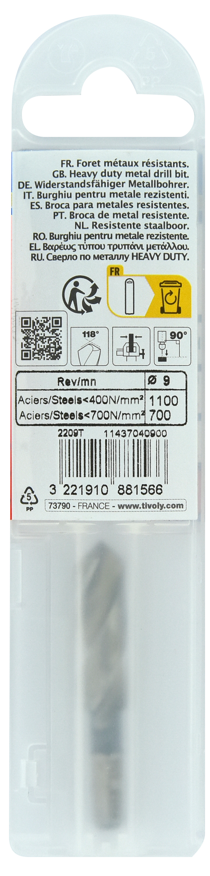 Foret métaux monobloc taillé meulé HSS -Pointe en croix -Queue hexagonale Ø: 9 L: 53 TIVOLY - 11437040900