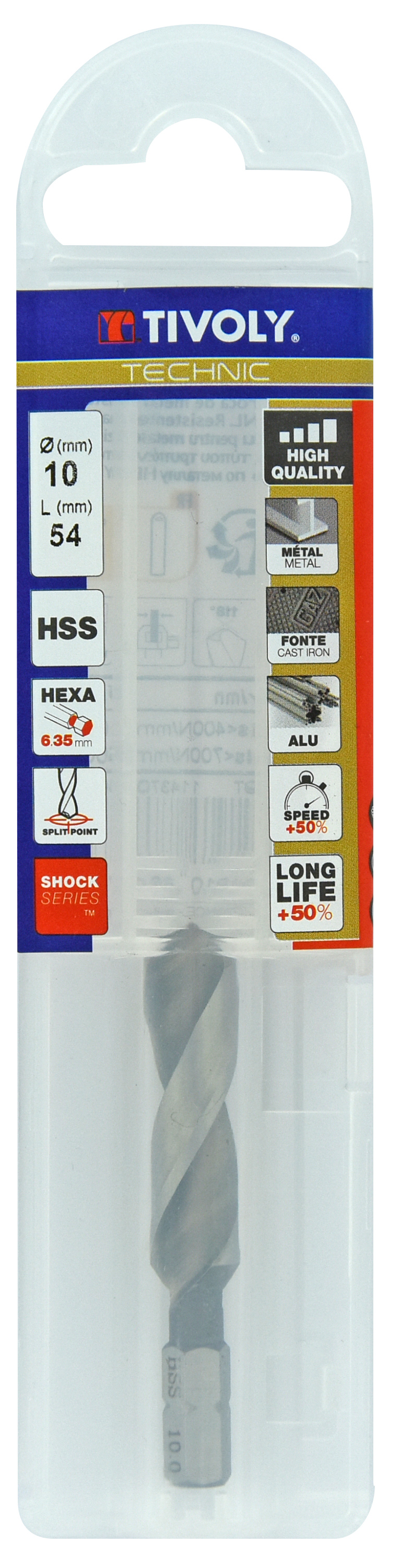 Foret métaux monobloc taillé meulé HSS -Pointe en croix -Queue hexagonale Ø: 10 L: 54 TIVOLY - 11437041000