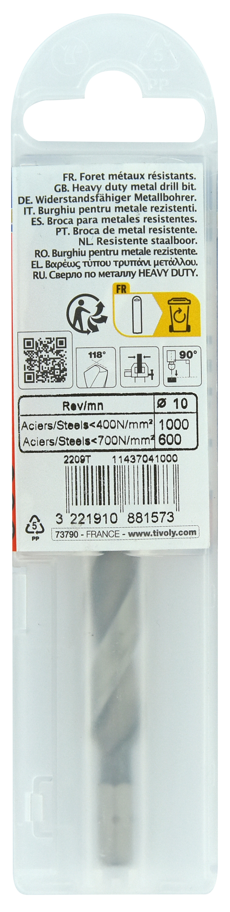 Foret métaux monobloc taillé meulé HSS -Pointe en croix -Queue hexagonale Ø: 10 L: 54 TIVOLY - 11437041000