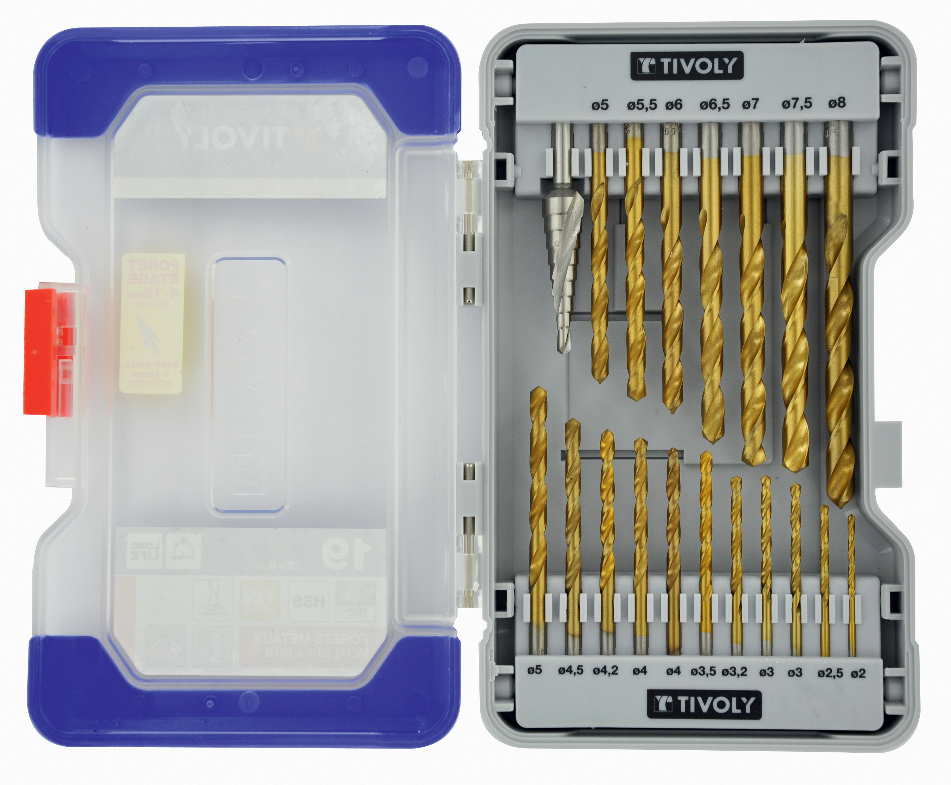 19 pièces -18 forets métaux laminés revêtus TiN Ø 2 à 8mm + 1 foret étagé TIVOLY - 11437370001