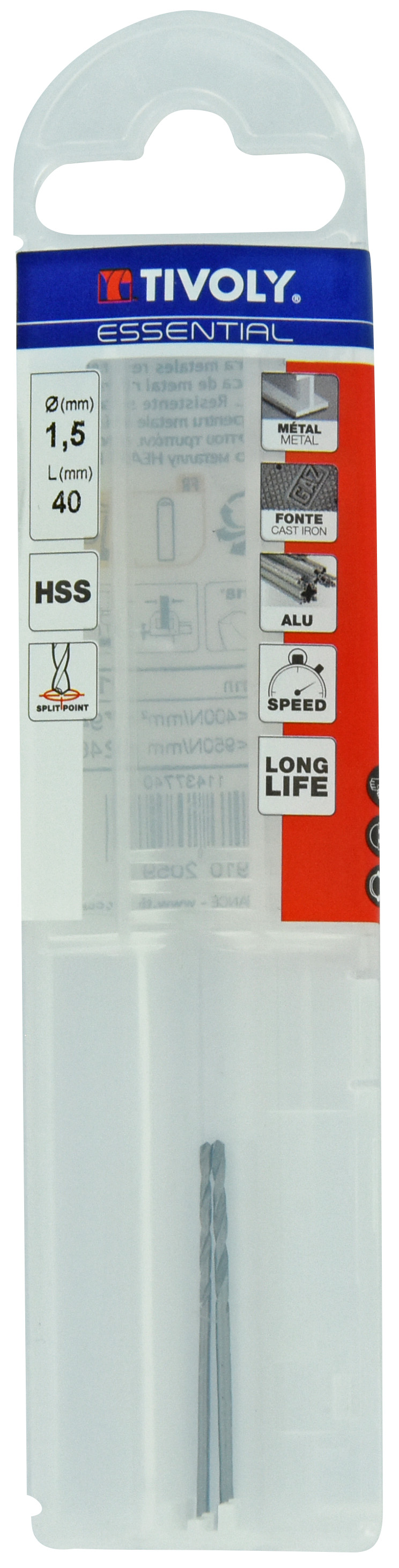 Foret métaux taillé meulé HSS -DIN338 -h8 -Pointe en croix Ø: 1.5 L: 40 TIVOLY - 11437740150