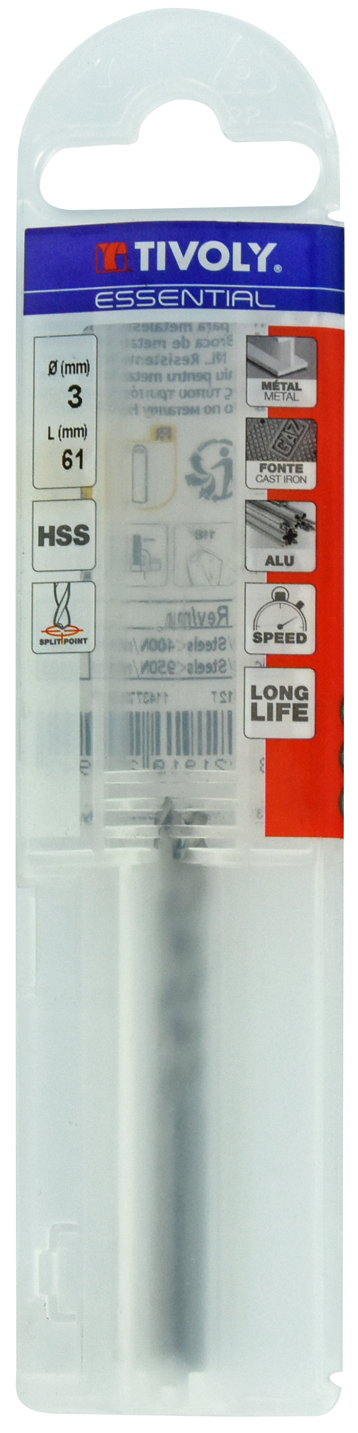 Foret métaux taillé meulé HSS -DIN338 -h8 -Pointe en croix Ø: 3 L: 61 TIVOLY - 11437740300