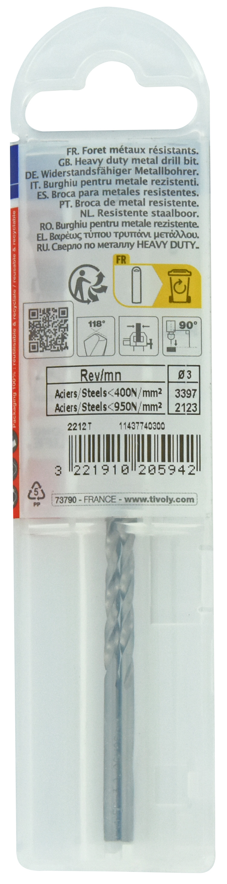 Foret métaux taillé meulé HSS -DIN338 -h8 -Pointe en croix Ø: 3 L: 61 TIVOLY - 11437740300
