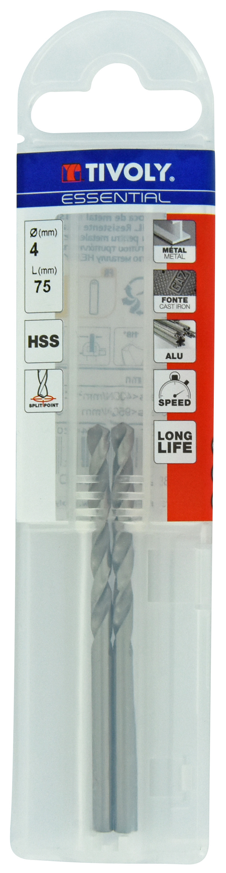 Foret métaux taillé meulé HSS -DIN338 -h8 -Pointe en croix Ø: 4 L: 75 TIVOLY - 11437740400